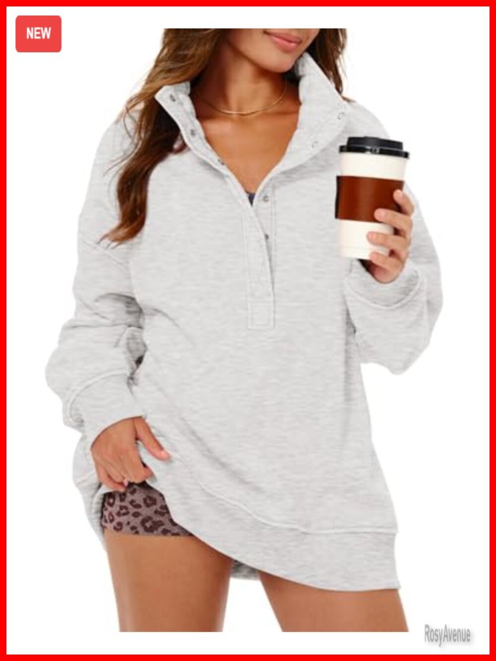 Oversized Fleece Lined Henley Sweatshirt Snap Button Pullover Women